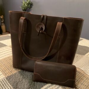 Dark Brown Leather Tote and Matching Wallet
